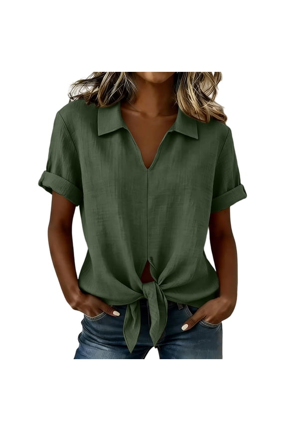 Womens Collared V-neck Tops Tie Front Casual Rolled Short Sleeve Blouse Summer Linen Loose Fit Shirt Tee Army Green,S