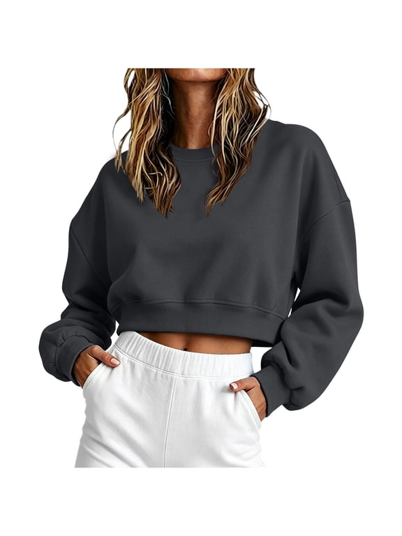 Womens Cropped Sweatshirt Crewneck Long Sleeve Boxy Crop Pullover Blouse Casual Lightweight Athleisure Tops Dark Gray,L