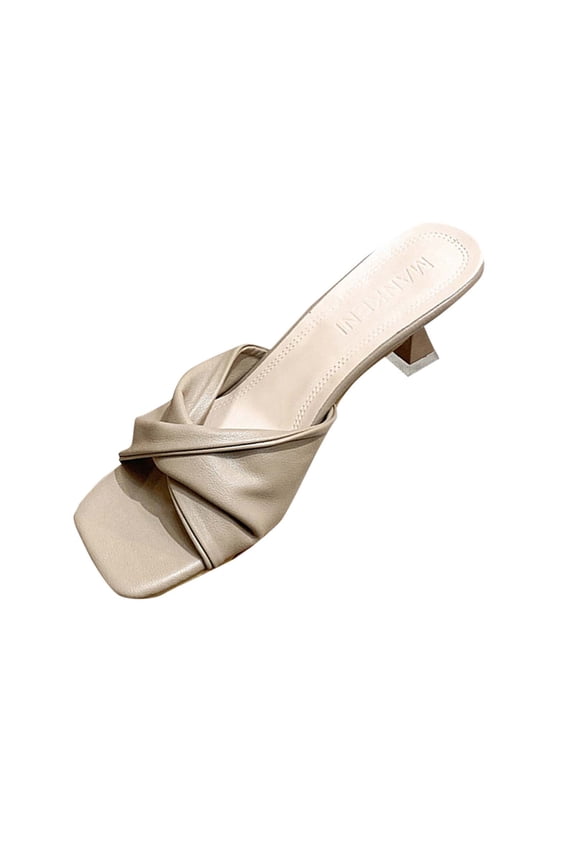 Womens Cross Strap Leather Kitten Heel Slip-On Sandals Fashion Square Open Toe Low Heel Party Mule Sandals Khaki,35