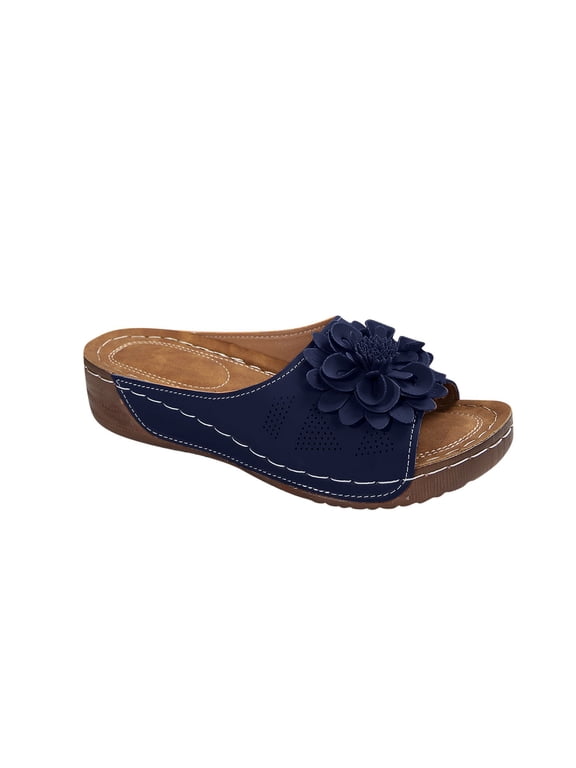 Womens Dressy Flower Orthopedic Wedge Sandals Casual Comfort Open Toe Platform Sandals with Arch Support Summer Boho Beach Slides Navy 41
