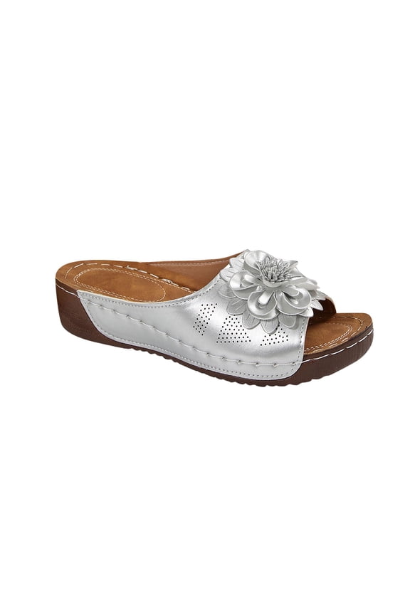 Womens Dressy Flower Orthopedic Wedge Sandals Casual Comfort Open Toe Platform Sandals with Arch Support Summer Boho Beach Slides Silver 36