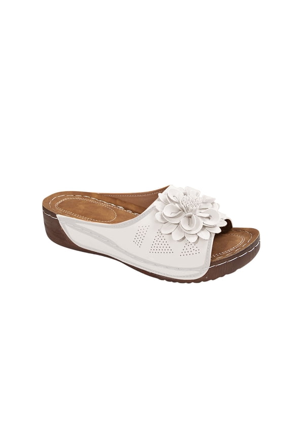 Womens Dressy Flower Orthopedic Wedge Sandals Casual Comfort Open Toe Platform Sandals with Arch Support Summer Boho Beach Slides White 38