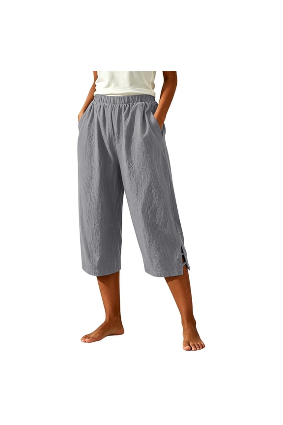Womens Elastic Waist Capri Wide Leg Crinkled Fabric Side Slit Pant Loose Casual Lounge Trousers with Pockets Gray,M