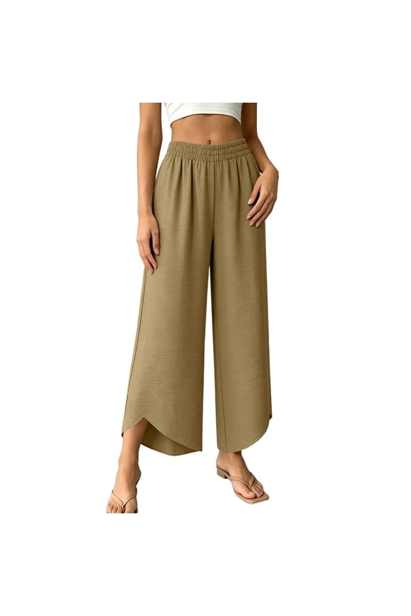Womens Elastic Waist Curved Pants Tulip Hem Wide Leg Textured Pant Flow Casual Comfortable Lounge Work Trousers with Pockets Brown,L