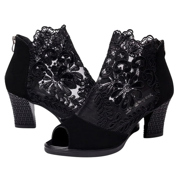 hlysgo Womens Flowers Lace Open Toe High Heels Sandals with Back Zipper Cutout Breathable Non-Slip Block Heeled Ankle Bootie Sandals Black,43