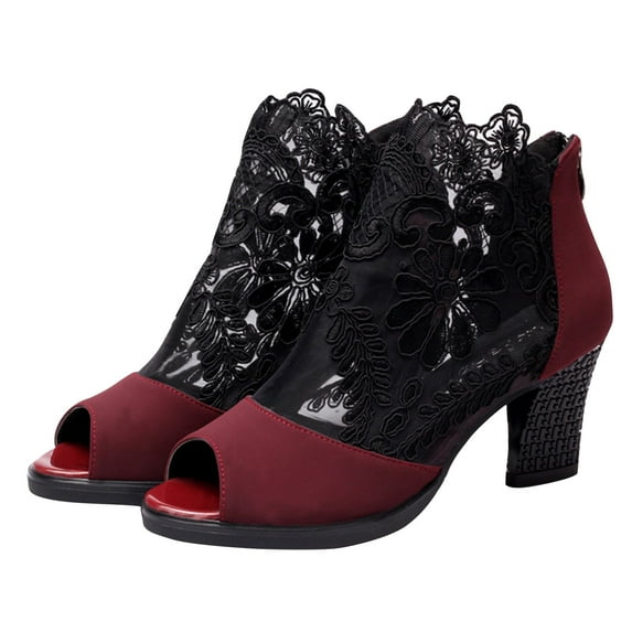 hlysgo Womens Flowers Lace Open Toe High Heels Sandals with Back Zipper Cutout Breathable Non-Slip Block Heeled Ankle Bootie Sandals Wine,38