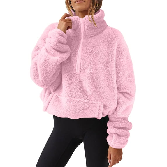 hlysgo Womens Fuzzy Half Zip Tops Fleece Cozy Outwear Coat Pullover Comfort Cozy Sweatshirt with Pockets Pink,S