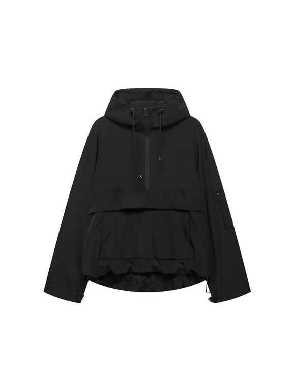 Womens Half Zip Anorak Jacket Oversized Drop Shoulder Tops with Kangaroo Pocket Windproof Casual Outdoor Pullover Coats Black,XL