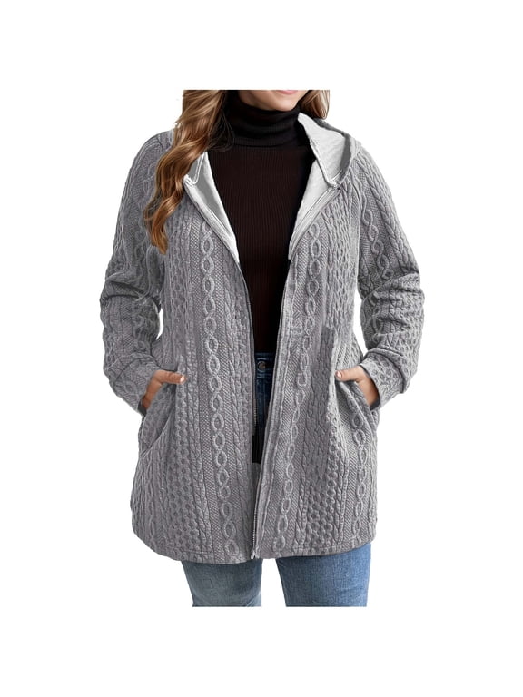 Womens Heather Cable Knit Jacket Full Zip Mid Length Hooded Cardigan Jackets Soft Lined Fall Winter Casual Coat with Side Pockets Gray,4xL