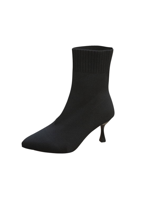 Womens Knit Ankle Boots Pointed Toe Kitten Heels Booties Stiletto Mid Heel Sock Boots Shoes Black,36