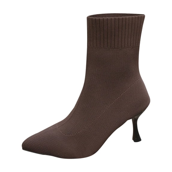 hlysgo Womens Knit Ankle Boots Pointed Toe Kitten Heels Booties Stiletto Mid Heel Sock Boots Shoes Brown,39