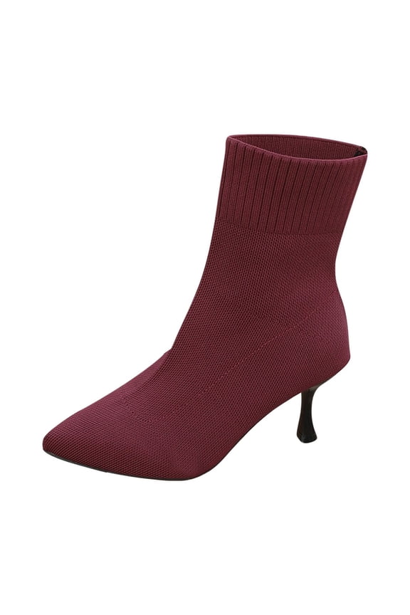 Womens Knit Ankle Boots Pointed Toe Kitten Heels Booties Stiletto Mid Heel Sock Boots Shoes Wine,36