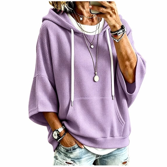 hlysgo Womens Knit Hoodie Batwing 3/4 Bell Sleeves Oversized Sweatshirts with Kangaroo Pocket Lightweight Casual Pullover Tops Purple,L