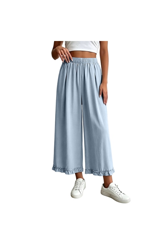 Womens Linen Palazzo Pants Ruffle Wide Leg Cropped Flowy Casual Loose Fit Summer Beach Trousers with Pockets Light Blue,M