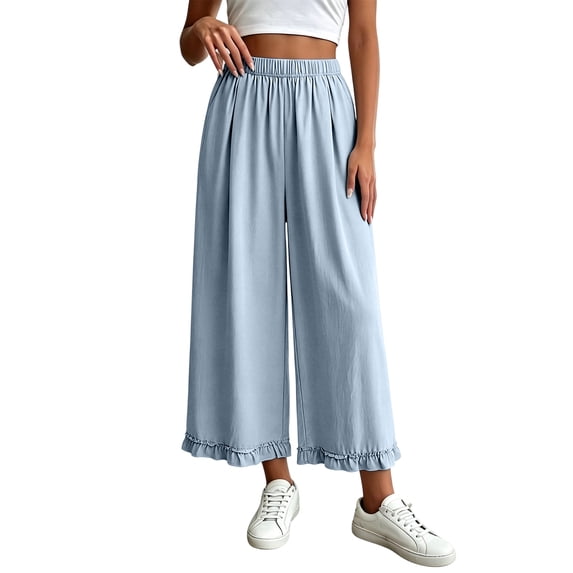 hlysgo Womens Linen Palazzo Pants Ruffle Wide Leg Cropped Flowy Casual Loose Fit Summer Beach Trousers with Pockets Light Blue,S