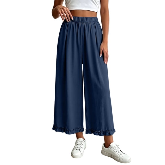 hlysgo Womens Linen Palazzo Pants Ruffle Wide Leg Cropped Flowy Casual Loose Fit Summer Beach Trousers with Pockets Navy,S