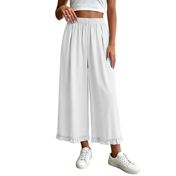 hlysgo Womens Linen Palazzo Pants Ruffle Wide Leg Cropped Flowy Casual Loose Fit Summer Beach Trousers with Pockets White,M