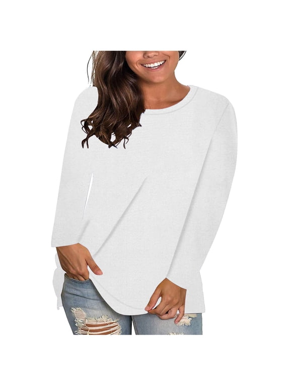 Womens Long Sleeve Tunic Tops Leggings Crew Neck Side Layering Shirts Loose Fit Long Comfort Cozy Blouse White,M
