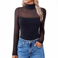 thumbnail image 1 of hlysgo Womens Mesh Sheer Long Sleeve Top Mock Turtle Neck Shirts Ruched Casual Going Out Blouses Black,L, 1 of 5