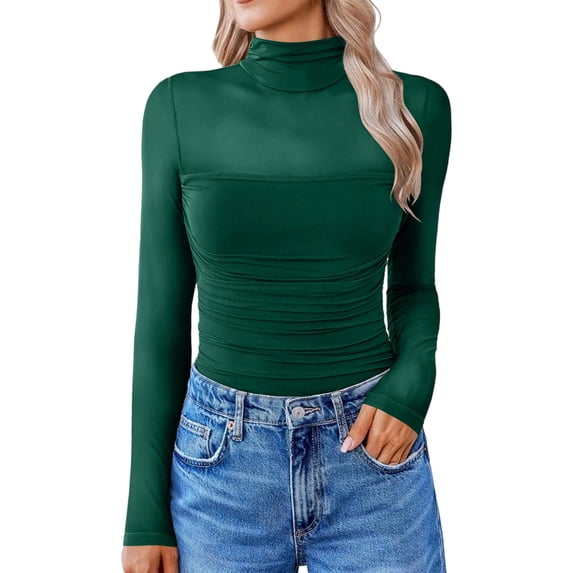 hlysgo Womens Mesh Sheer Long Sleeve Top Mock Turtle Neck Shirts Ruched Casual Going Out Blouses Green,M