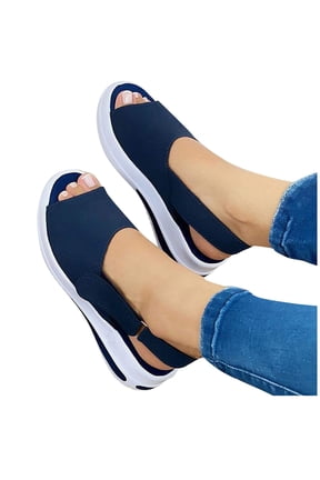 Womens Open Toe Platform Sandals Colorblock Peep Toe Cut Out Wedge Heel Casual Walking Sandals for Summer Outdoor Daily Wear Navy 35