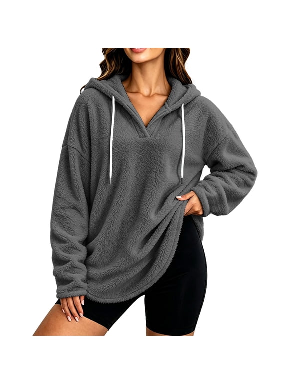 Womens Oversized Sherpa Hoodie Pullover Fuzzy Fleece Sweatshirt Plaid Fluffy Tops with Pockets Gray,S