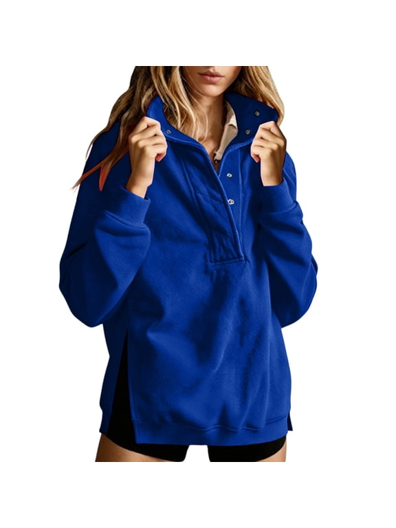 Womens Oversized Sweatshirts Snap Button Henley Collar Soft Fleece Pullover Tops Comfort Cozy Fit Sweatshirt with Pockets Blue,XL