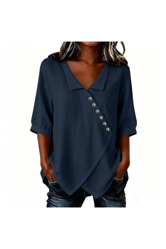Womens Palazzo Tops 3/4 Length Sleeve V Neck Blouse Button Up Asymmetrical Hem Work Office Suit Shirts Navy,2xL