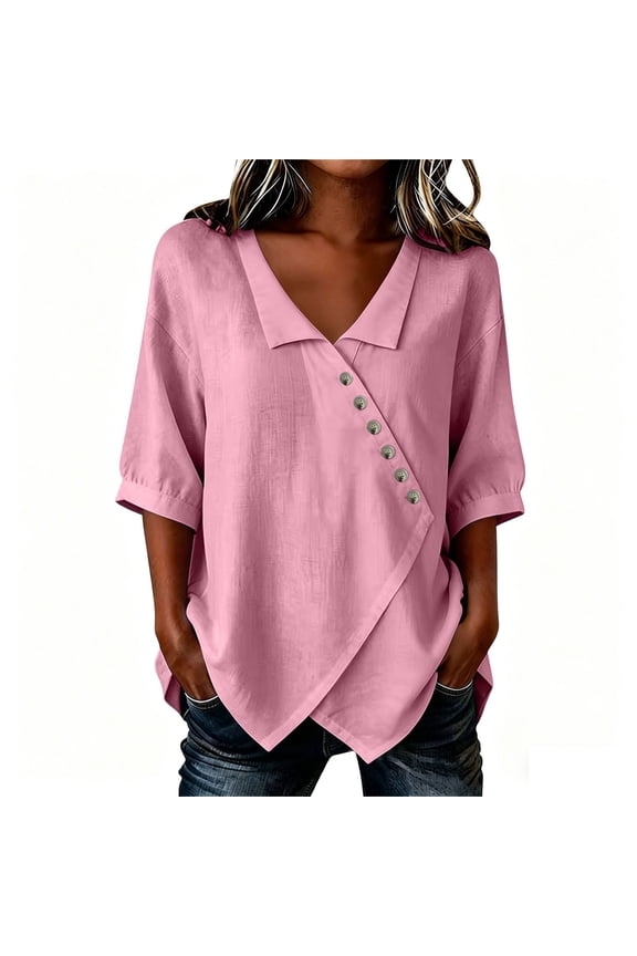 Womens Palazzo Tops 3/4 Length Sleeve V Neck Blouse Button Up Asymmetrical Hem Work Office Suit Shirts Pink,XL