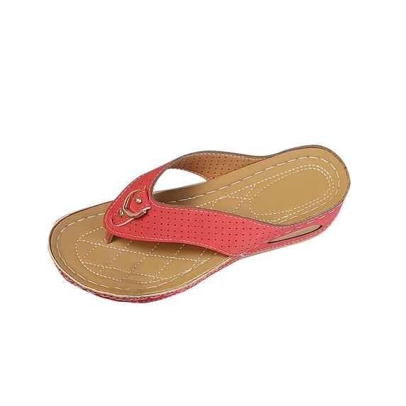 hlysgo Womens Perforated Suede Metal Buckle Decor Flip Flop Wedge Sandals Open Toe Breathable Comfort Casual Sandals Red,43