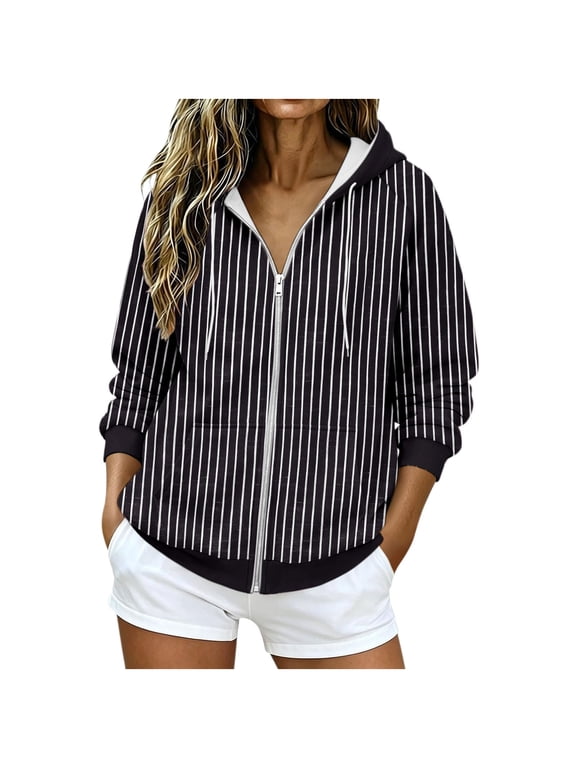 Womens Pinstripe Full Zip Hoodie Contrast Raglan Sleeves Tops Streetwear Walk Casual Gym Fall Sweatshirt with Pocket Black,L