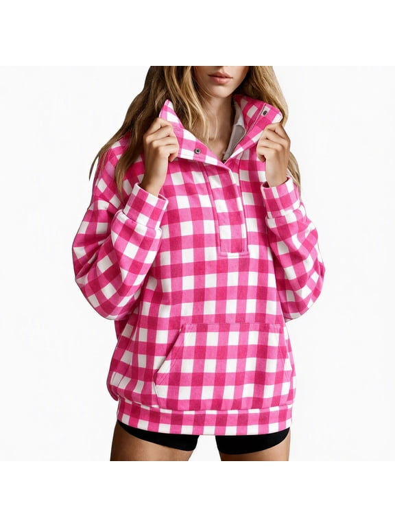 Womens Plaid Fleece Snap Pullover Tops Stand Collar Loose Fit Sweatshirts Casual Winter Loungewear Fall Sweatshirt with Pocket Pink,L