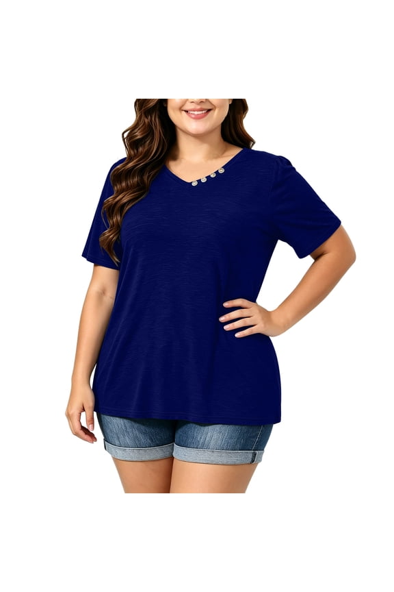 Womens Plus Size Tops Short Sleeve V Neck Button Casual Loose Flowy Swing Tunic Basic Tee Shirts Dark Blue,XL