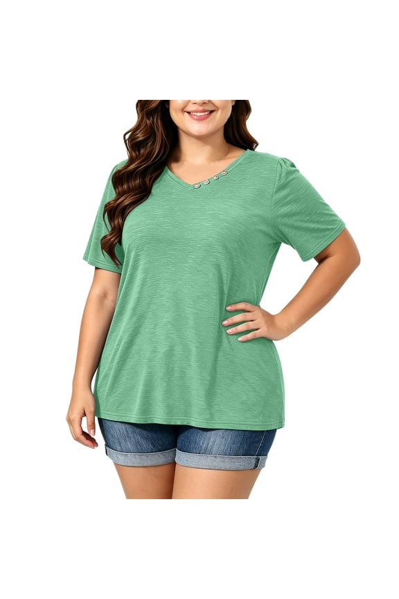 Womens Plus Size Tops Short Sleeve V Neck Button Casual Loose Flowy Swing Tunic Basic Tee Shirts Green,2xL