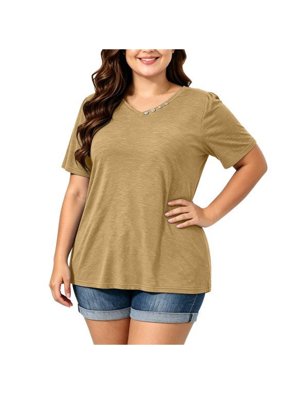Womens Plus Size Tops Short Sleeve V Neck Button Casual Loose Flowy Swing Tunic Basic Tee Shirts Khaki,5xL