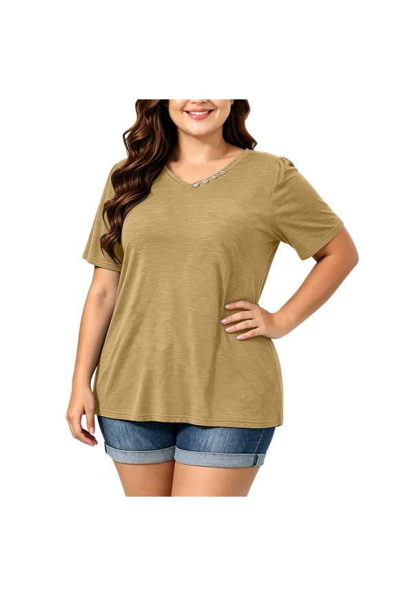 Womens Plus Size Tops Short Sleeve V Neck Button Casual Loose Flowy Swing Tunic Basic Tee Shirts Khaki,XL
