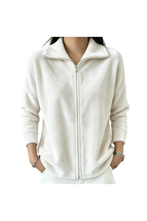 Womens Polar Fleece Full Zip Jacket Turn Down Collar Soft Oversized Jackets Loungewear Daily Office Casual Tops White,XL