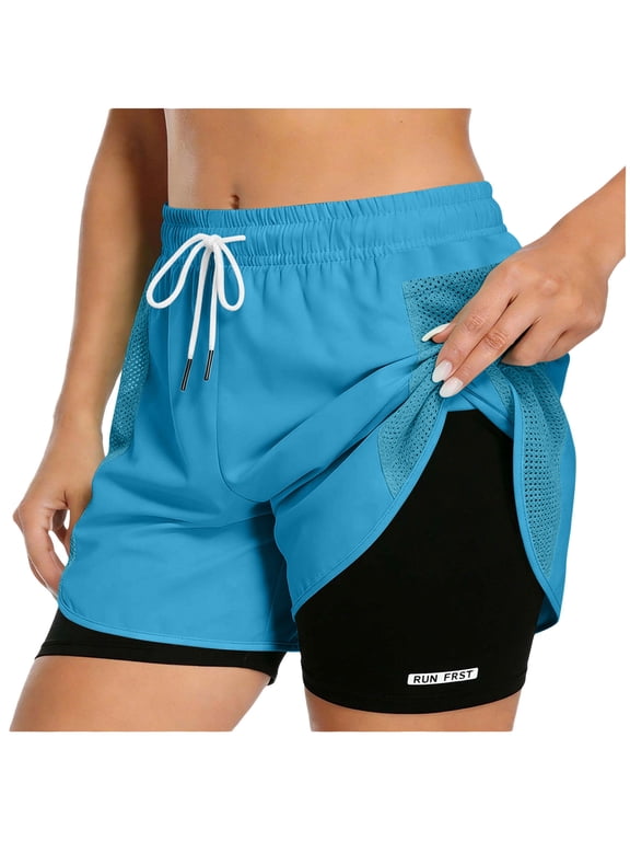 Womens Running Gym Shorts 2 in 1 Compression Workout Shorts Elastic Drawstring Waist Short with Pockets Navy,5xL