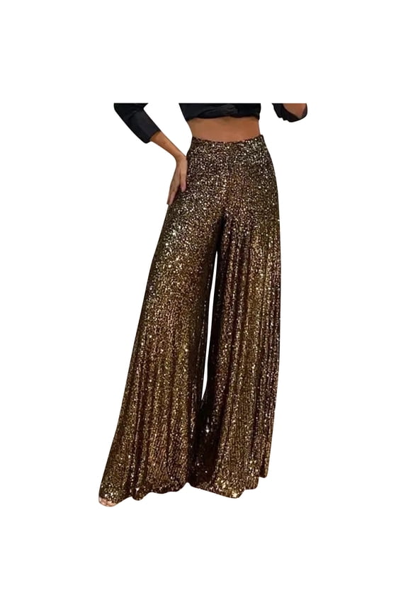 Womens Sequin Flare Pants High Waisted Flowy Palazzo Pant Casual Loose Trousers with Pockets Brown,XXL