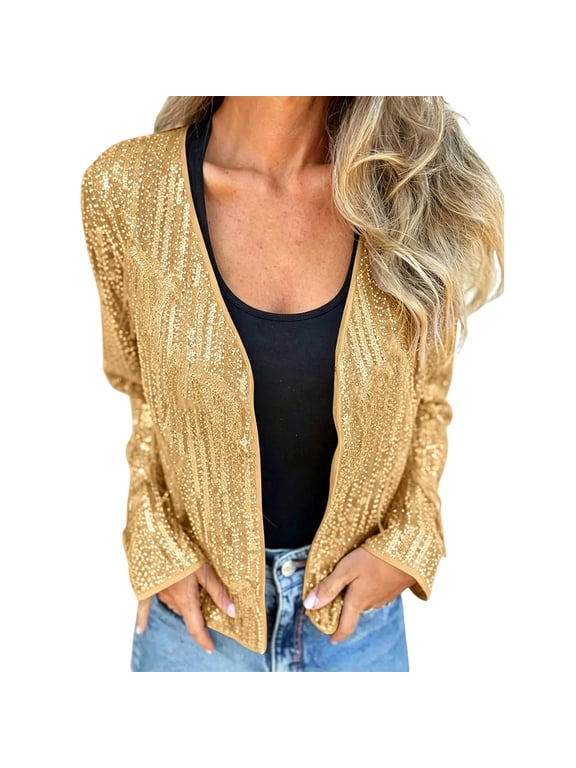 Womens Sequin Glitter Mesh Sheer Cardigan No Closure Long Sleeve Open Front Tops Party Nightclub Evening Dating Casual Jackets Gold,2xL