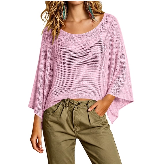 hlysgo Womens Sheer Poncho Shrug Bolero Lightweight Knit Cover up Shrug Pullover Sweater Pink,M