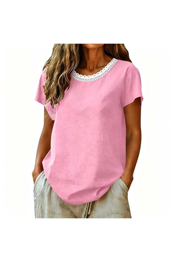 Womens Short Sleeve Shirts Color Block Lace Neck Tops Casual Summer T Shirt Pink,M