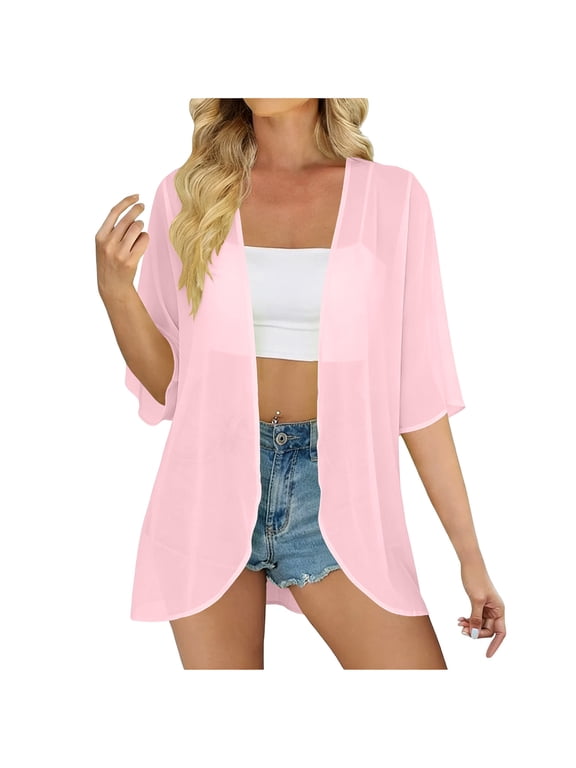 Womens Short Sleeve Tops Casual Summer Shirts Cover up Open Front Resort Wear Loose Blouse Pink,2XL