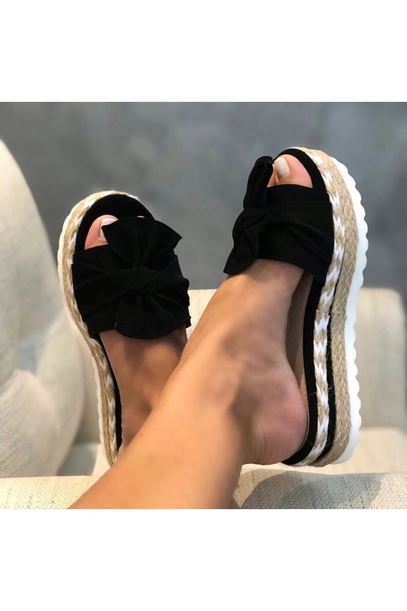 Womens Slip On Wedge Platform Sandals Bow Tie Open Toe Slides Shoes Black,36