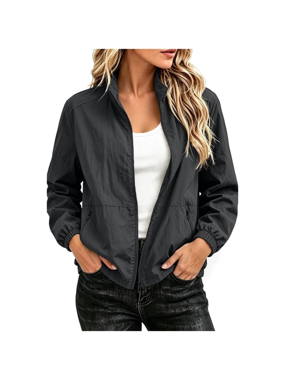 Womens Stand Collar No Hood Windbreaker Jacket Quick Dry Zip Tops Daily Gym Hiking Outdoor Run Casual Short Coat with Pockets Black,XL