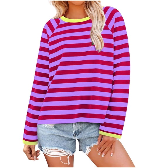 hlysgo Womens Striped Long Sleeve Tops Casual Fall Crewneck T Shirts Color Block Tunic Sweaters Purple,XL