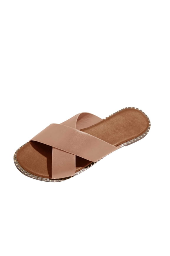 Womens Studded Flat Sandals Open Toe Slip on Mule Slides Crossed Strap Slipper Beige 38