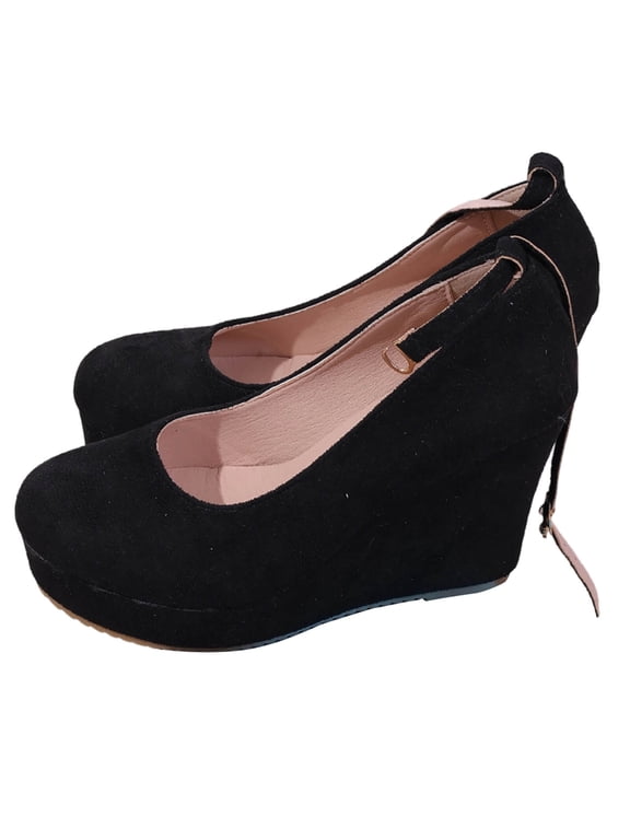 Womens Suede Buckle Platform Mary Jane Ankle Strap Round Toe Wedding Dressy Wedge High Heel Pumps Shoes Black 39