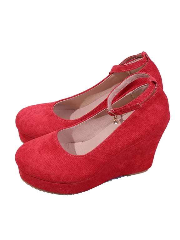 Womens Suede Buckle Platform Mary Jane Ankle Strap Round Toe Wedding Dressy Wedge High Heel Pumps Shoes Red 41