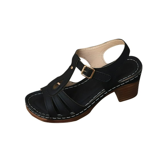 hlysgo Womens Summer Block Heel Sandals Fashion Open Toe Ankle Strap Chunky Heeled Dressy Shoes Comfort Slip-On Wedges Black,39